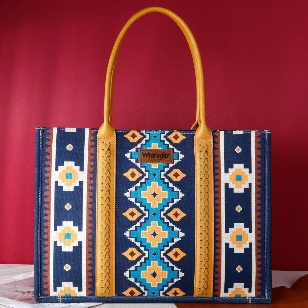 Wrangler Southwestern Pattern Dual Sided Print Canvas Wide Tote Mustard